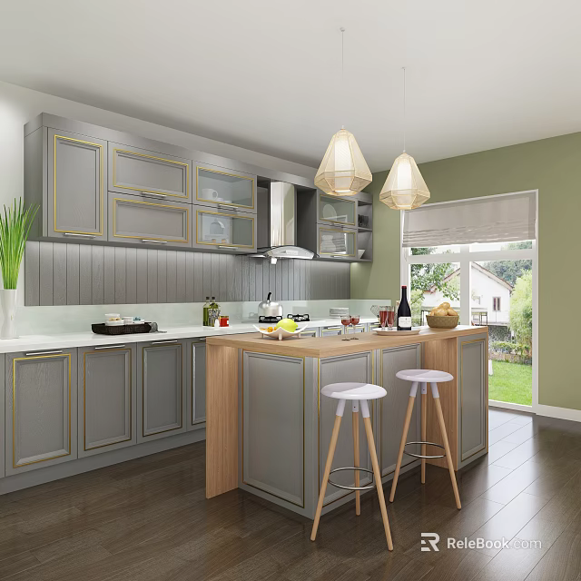 Modern Open Kitchen Interior With Grey Cabinets Wooden Island And Pendant Lights 3d model 