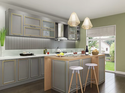 Modern Open Kitchen Interior With Grey Cabinets Wooden Island And Pendant Lights 3d model