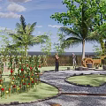 Rural Countryside Landscape With Palm Trees Green Trees Stone Pathway And Wooden Cart