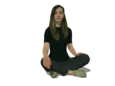 A woman sitting cross-legged in black top black pants and green shoes with long hair 3d model