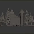 Cartoon Miniature Scene With Pointed Roof Building Pine Trees And Stones