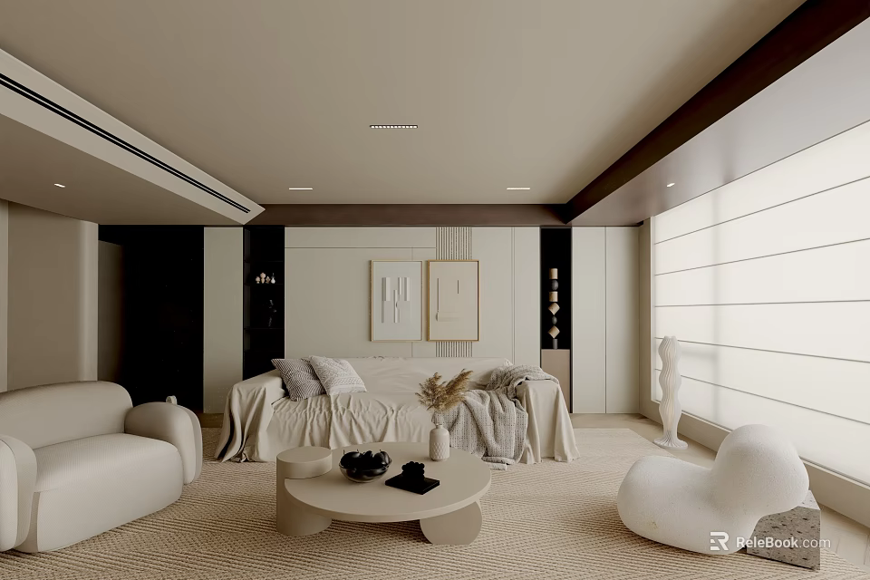 Elegant Modern Living Room Interior With Beige White Sofas Round Coffee Table And Wall Paintings 3d model 
