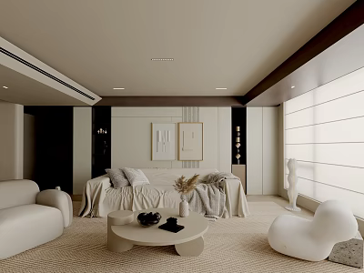Elegant Modern Living Room Interior With Beige White Sofas Round Coffee Table And Wall Paintings 3d model