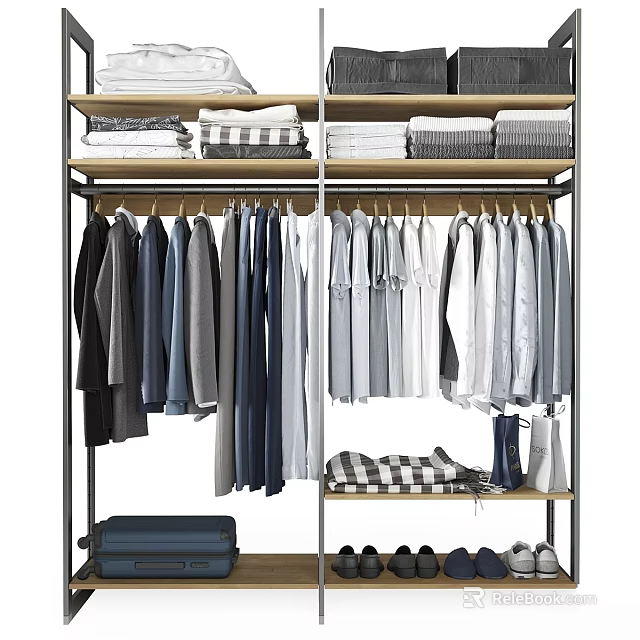 Organized Clothing Wardrobe With Hanging Shirts Jackets And Folded Clothes On Shelf 3d model 