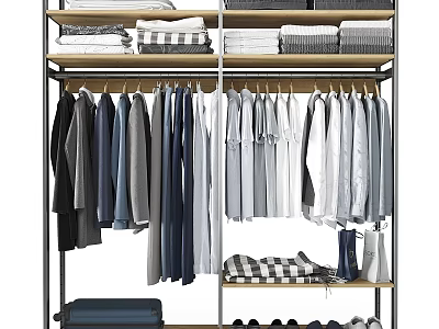 Organized Clothing Wardrobe With Hanging Shirts Jackets And Folded Clothes On Shelf 3d model