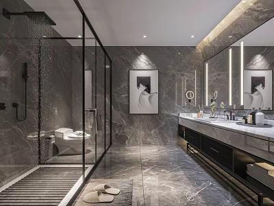 Modern Luxury Grey Marble Bathroom With Sleek Glass Shower Enclosure And Large Backlit Mirror Vanity 3d model