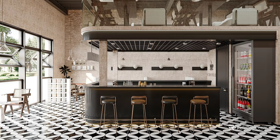 Industrial Style Café Interior With Black And White Tiled Floor Bar Counter And Bar Stools 3d model 