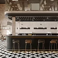 Industrial Style Café Interior With Black And White Tiled Floor Bar Counter And Bar Stools