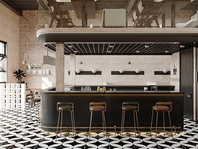 Industrial Style Café Interior With Black And White Tiled Floor Bar Counter And Bar Stools 3d model