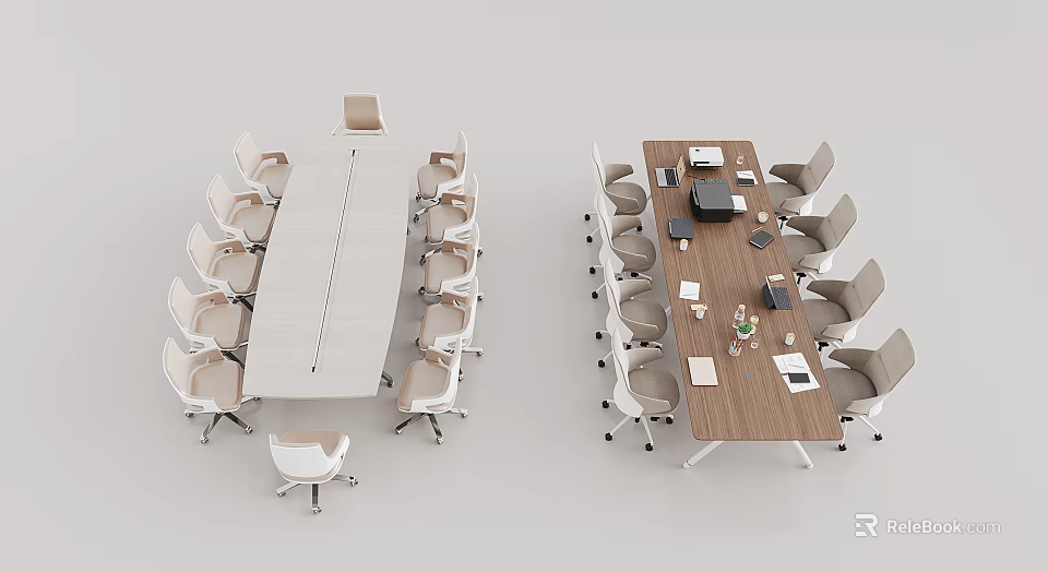 Modern Conference Tables With White And Wooden Tops Office Chairs And Supplies 3d model 