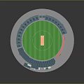 3D Rendered Cricket Stadium Design With Green Turf Brown Pitch Blue Stands And Light Poles