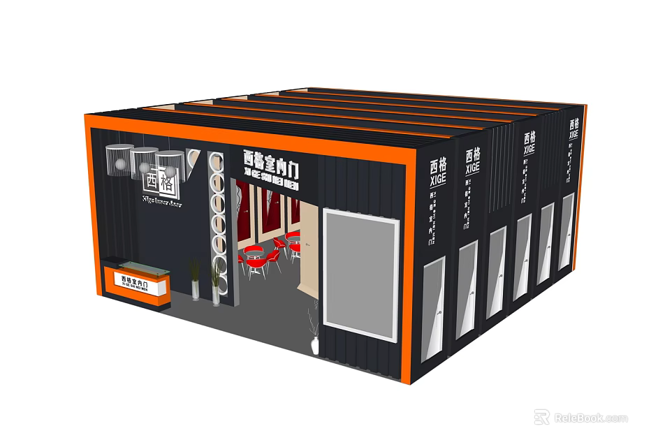 Hong Kong Jinlongmen Container Shop With Black Orange Exterior Multiple Windows And 3d model 
