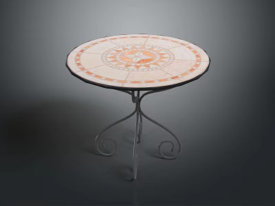Round Dining Table with Tile Top Orange White Pattern and Metal Curved Base 3d model