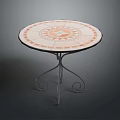 Round Dining Table with Tile Top Orange White Pattern and Metal Curved Base 3d model