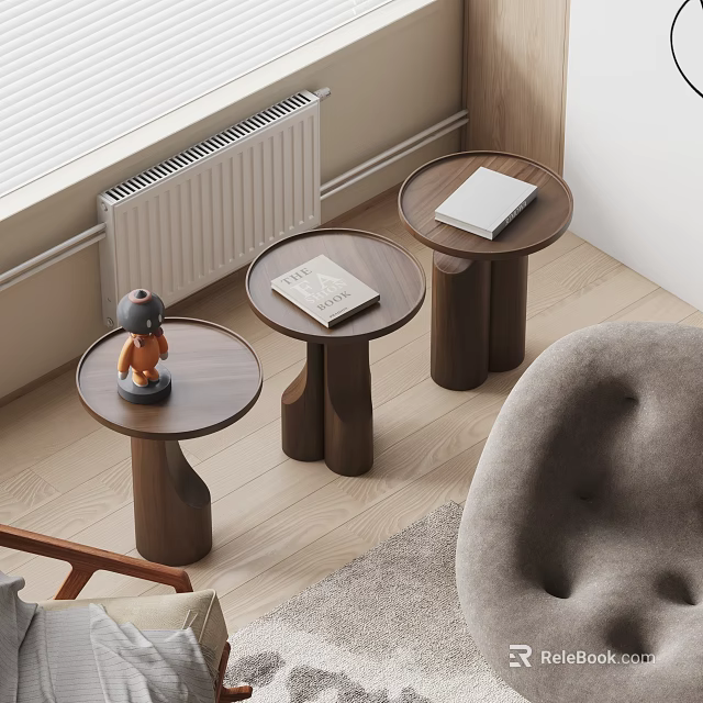 Round Wooden Side Tables with Magazine Notebook and Small Sculpture by Chair on Wooden Floor 3d model 
