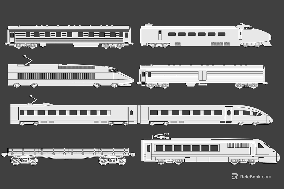 Stylish Wall Decor With Various Black And White Train Line Drawings Design 3d model 