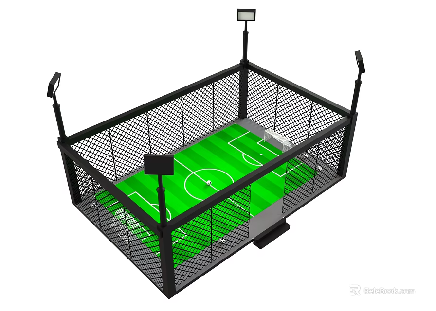 Mini Soccer Field With Black Fence Green Turf White Lines And Lighting Poles 3d model 