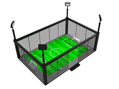 Mini Soccer Field With Black Fence Green Turf White Lines And Lighting Poles 3d model
