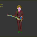 3D Brown Haired Male Game Movie Character in Gray Suit Holding Red Brown Electric Guitar