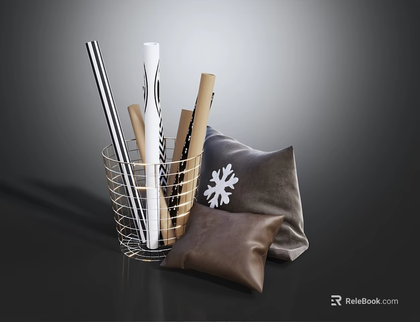 Gray Snowflake Pattern Pillow And Brown Pillow With Wrapping Paper In Metal Basket 3d model 