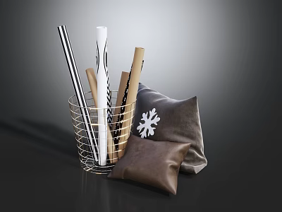 Gray Snowflake Pattern Pillow And Brown Pillow With Wrapping Paper In Metal Basket 3d model