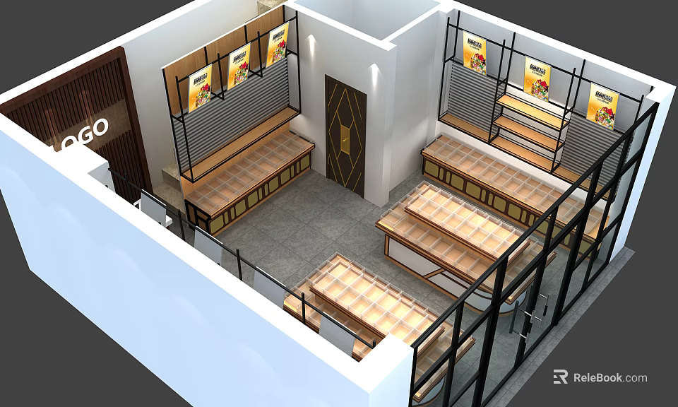 Modern Specialty Store Interior With Display Shelves Wooden Counters And Product Posters 3d model 