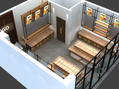 Modern Specialty Store Interior With Display Shelves Wooden Counters And Product Posters 3d model