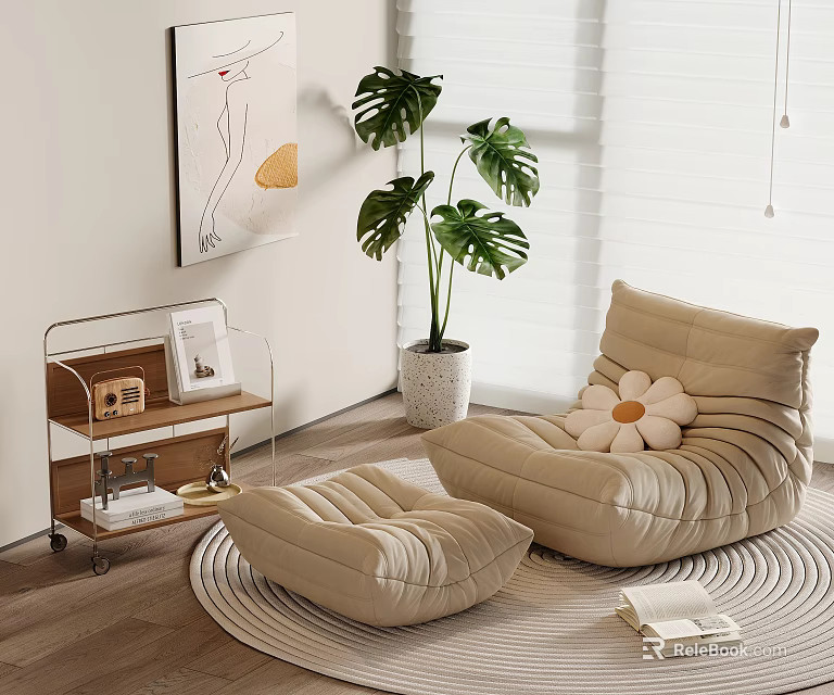 Beige Bean Bag Chair with Ottoman on Round Rug and Monstera Plant in White Planter 3d model 