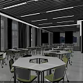 School Modern Classroom With White Tables Green Chairs Blue Wall And Storage Cabinets
