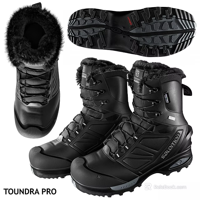 Black Winter Boots With Faux Fur Collar Lace Up Design Non Slip Sole 3d model 