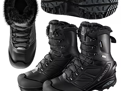 Black Winter Boots With Faux Fur Collar Lace Up Design Non Slip Sole 3d model
