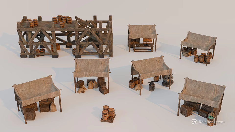 Ancient Market Scene With Straw Roof Tents Wooden Stalls And Barrels 3d model 