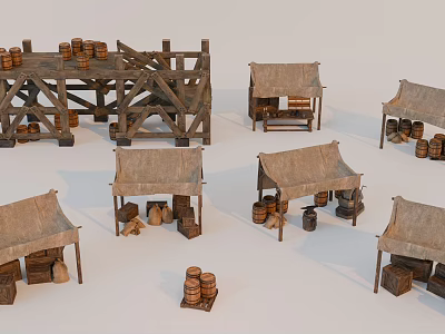 Ancient Market Scene With Straw Roof Tents Wooden Stalls And Barrels 3d model