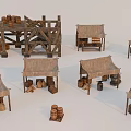 Ancient Market Scene With Straw Roof Tents Wooden Stalls And Barrels