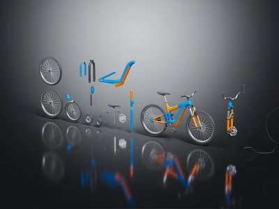 Bicycle Parts Wheels Frame And Complete Mountain Bike In Blue Orange Design 3d model