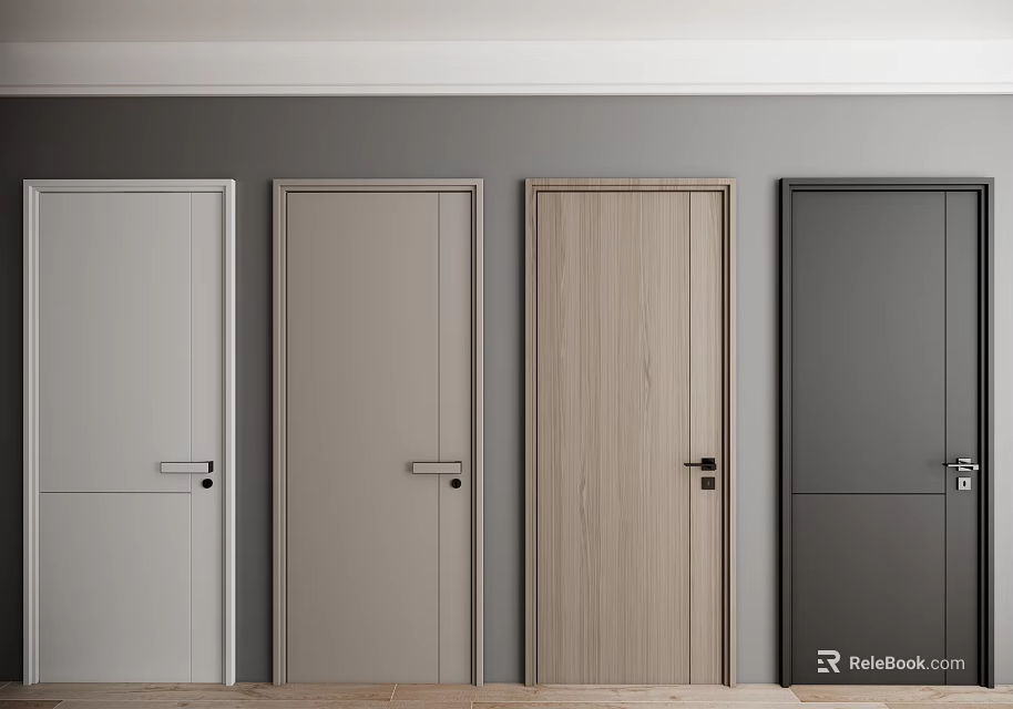 Modern Interior Hinged Doors With White Light Gray Wood Grain And Dark Gray Designs 3d model 