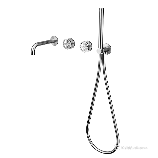 Modern Wall Mounted Shower Faucet with Handheld Showerhead and Control Knobs 3d model 