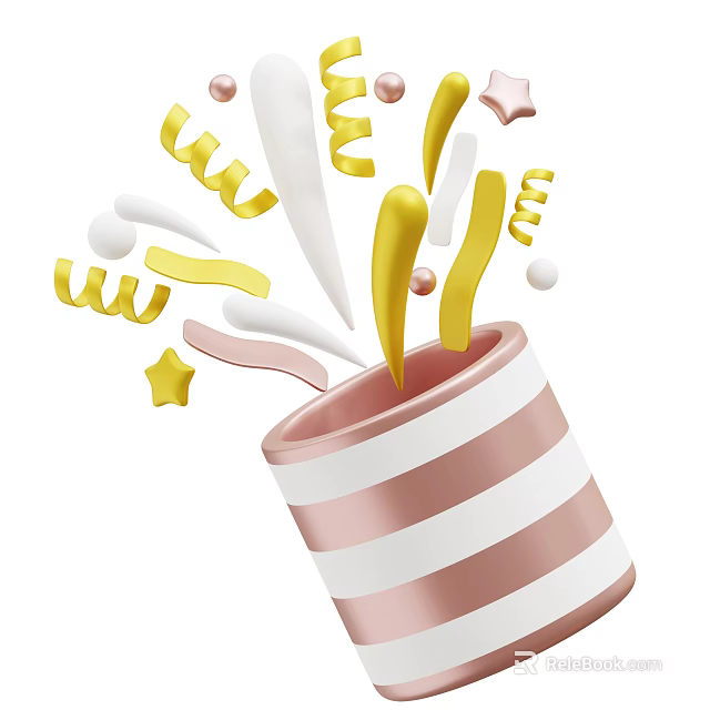 Decorative Ornament Set Featuring Pink And White Striped Cup Spouting Gold Yellow Streamers Stars Spirals 3d model 