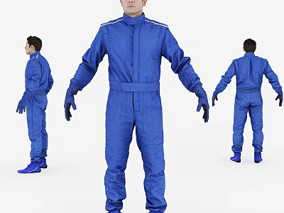 Man In Blue Racing Suit Showing Front Side Back Views With Gloves And Boots 3d model
