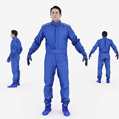 Man In Blue Racing Suit Showing Front Side Back Views With Gloves And Boots 3d model