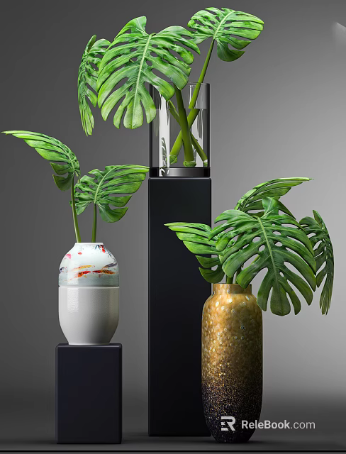 Potted Bonsai Plants With Monstera Leaves In Ceramic And Gold Vases On Black Stand 3d model 