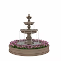 Outdoor Fountain Structure Multi Tiered Design With Water Flowing And Pink Flowers Around Base