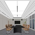 Modern Conference Room With Long Table Brown Chairs Large Screen Floor to Ceiling Windows City View