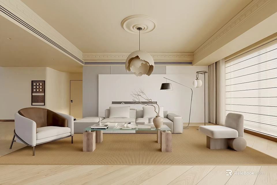 Modern Living Room Interior With Beige Sofa Armchair Glass Coffee Table And Textured Rug 3d model 