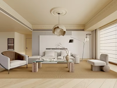 Modern Living Room Interior With Beige Sofa Armchair Glass Coffee Table And Textured Rug 3d model