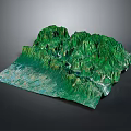 Scenic 3D Landscape Model Featuring Green Mountain Ranges Flowing River And Lush Vegetation
