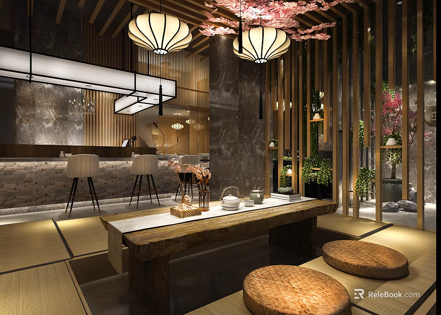 Japanese Style Restaurant Interior With Tatami Seating Wooden Lanterns And Cherry Blossom Decor 3d model 