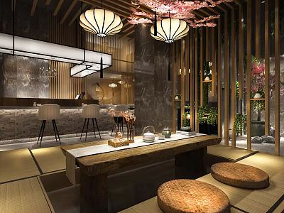 Japanese Style Restaurant Interior With Tatami Seating Wooden Lanterns And Cherry Blossom Decor 3d model