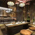 Japanese Style Restaurant Interior With Tatami Seating Wooden Lanterns And Cherry Blossom Decor
