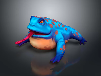 Blue Toad With Orange Spots Plump Body And Long Red Tongue Sticking Out 3d model